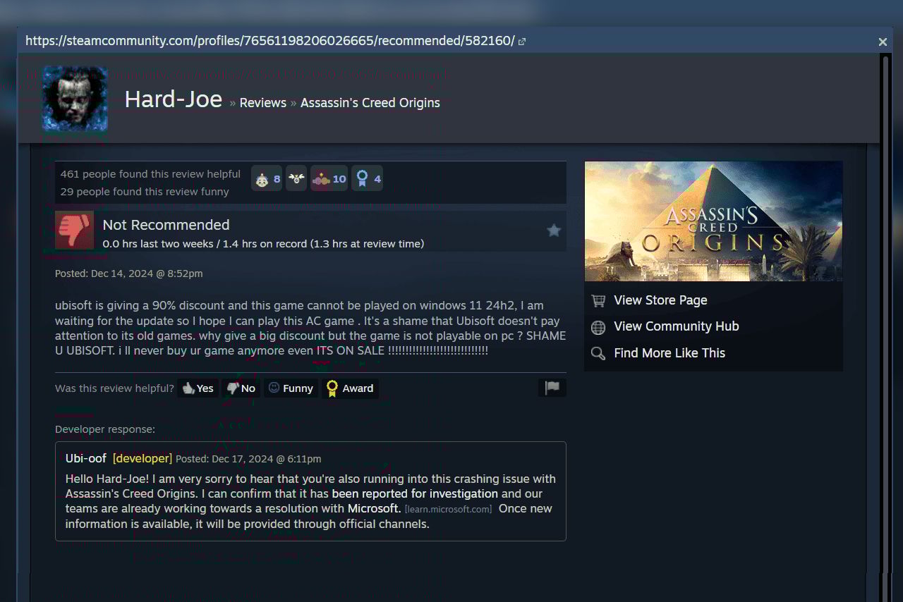 Assassin’s Creed Origins Gets Review-Bombed Due to Microsoft Windows Game Wrecking Update