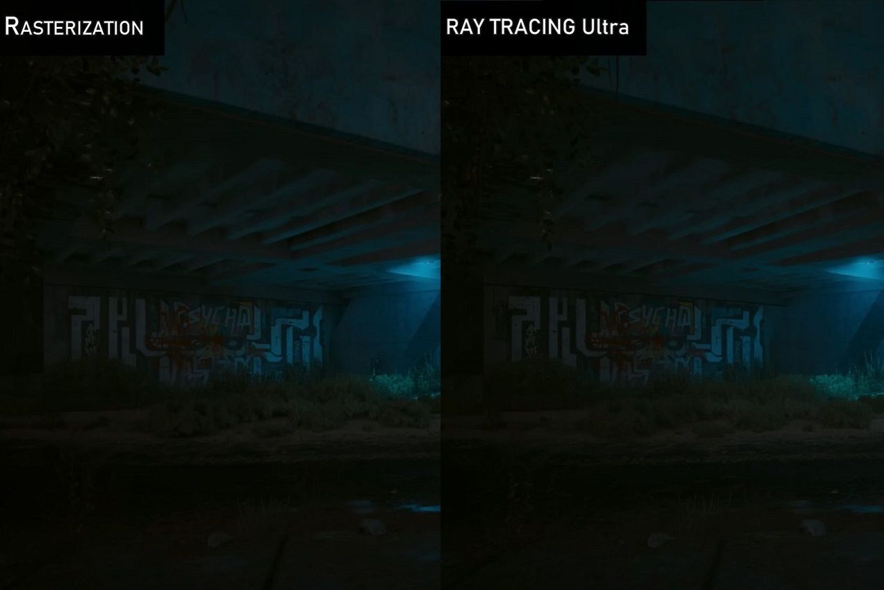 Ray tracing vs traditional lighting, comparison in Cyberpunk 2077.