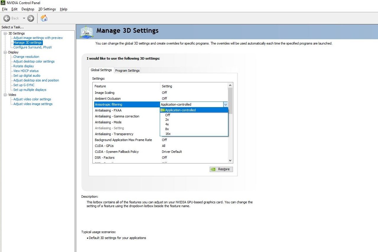 Anisotropic filtering in graphics settings and how to enable anisotropic filtering, NVIDIA Control Panel.