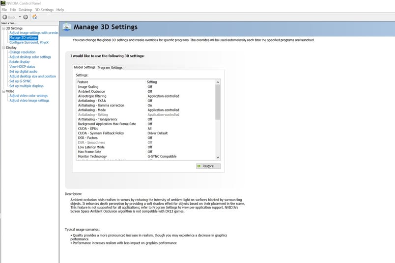 Anti-aliasing settings in NVIDIA Control Panel.