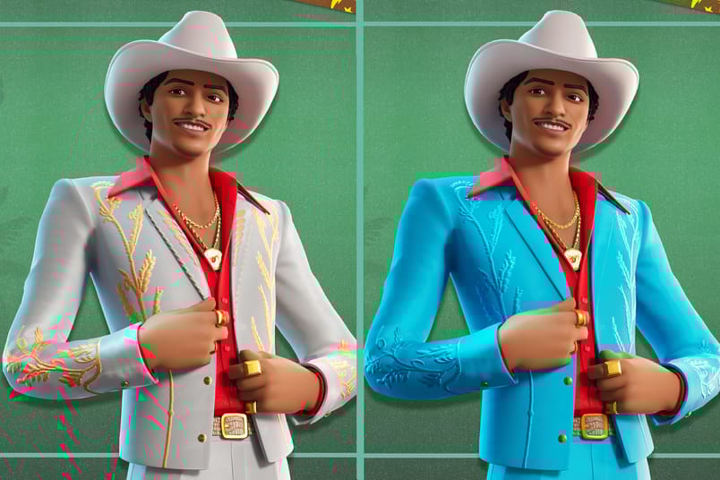 Fortnite “Die With A Smile” Bruno Mars Outfit and it's Heavenly Style version (left). Source: Epic Games